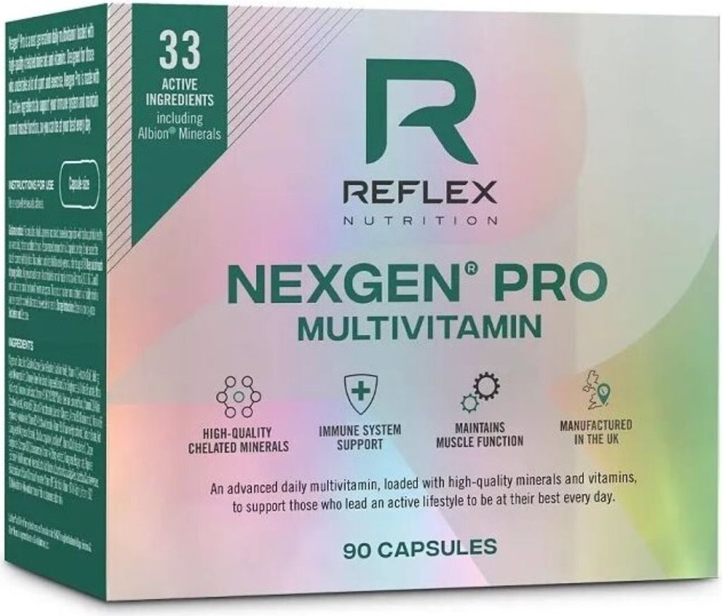 The image shows the front of a Reflex Nutrition Nexgen Pro Multivitamin box.
