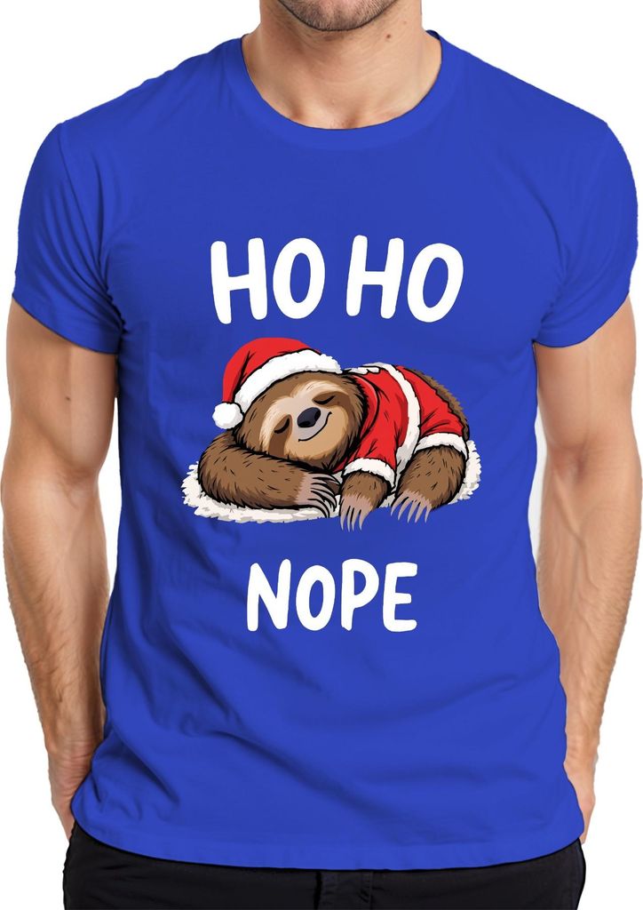 HO HO NOPE Faultier Weihnachtsmütze Schlafend Lustig Geschenk Herren T-Shirt, Blau, M