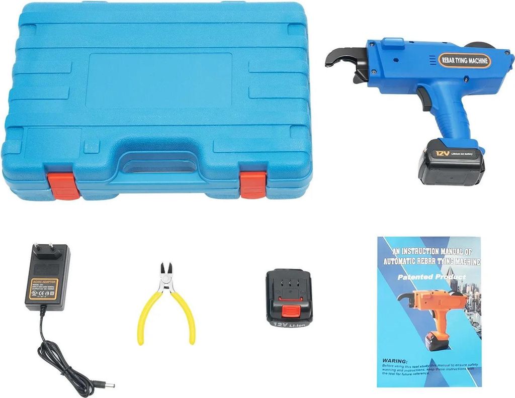 Bewehrungsbindegerät - Akku-Bindemaschine - 12V 4500mAh - 0,8 mm Bindedraht - 300–500 mm Knotenlänge - Mit Ladegerät - Blau