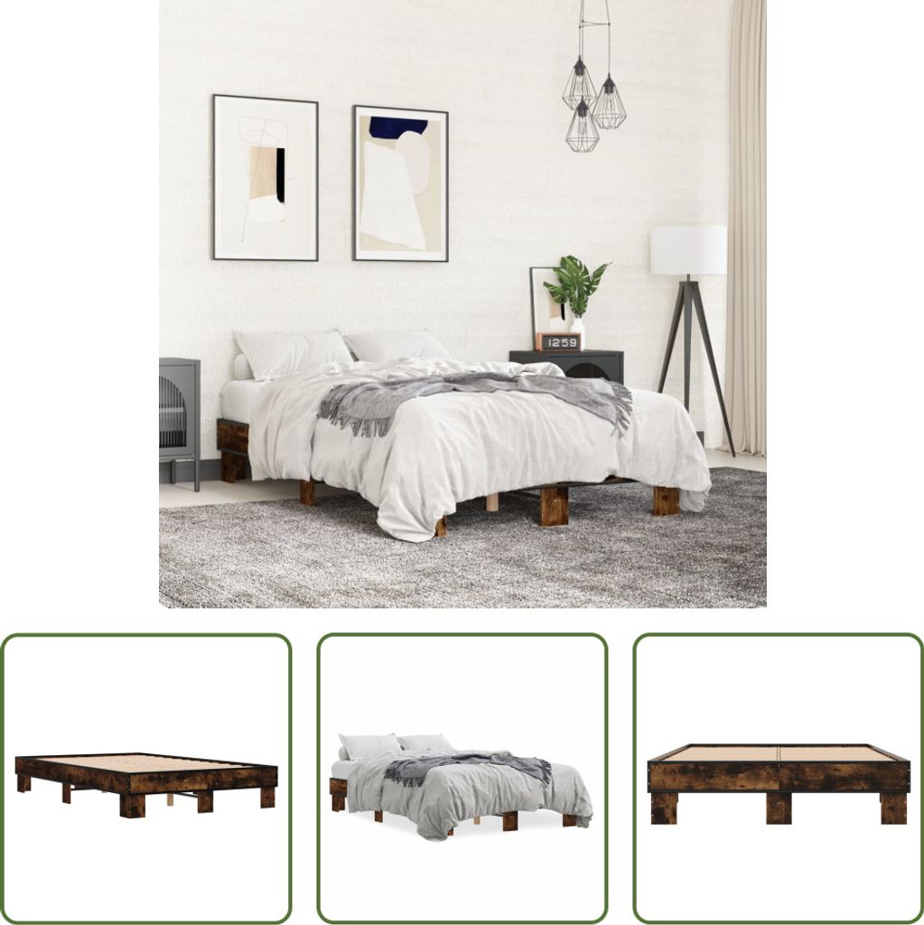 The Living Store Bettgestell Räuchereiche 140x190 cm Holzwerkstoff und Metall