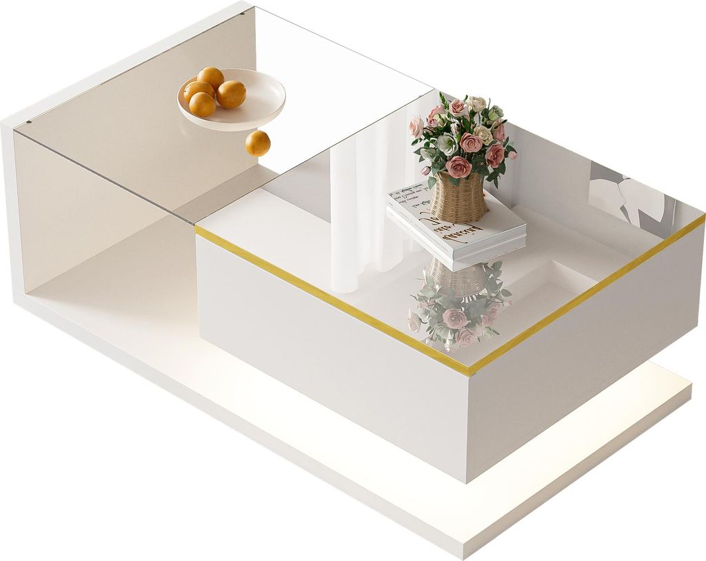 90 cm langer Couchtisch, Hochglanz-Weiß. Beistelltische, Couchtische mit Glas und LED-Effekt