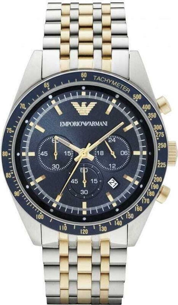 A close-up studio shot of a men's Emporio Armani watch with a blue dial and gold and silver band.