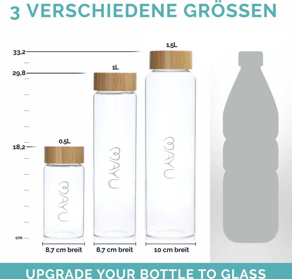 MAYU Glasflasche 100% Borosilikatglas, Deckel aus Bambus, Produktbild 