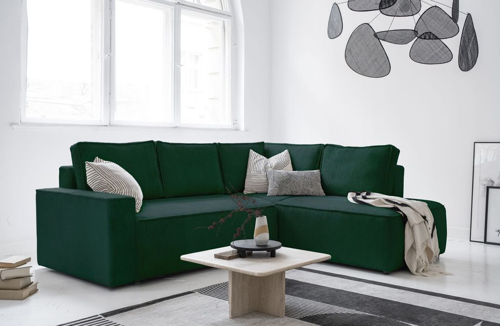 MIUFORM Brave Dave - Ecksofa mit Bettfunktion und Bettkasten L-FORM RECHTS - 247x194cm - Flaschengrün - Sofa Schlafsofa Couch