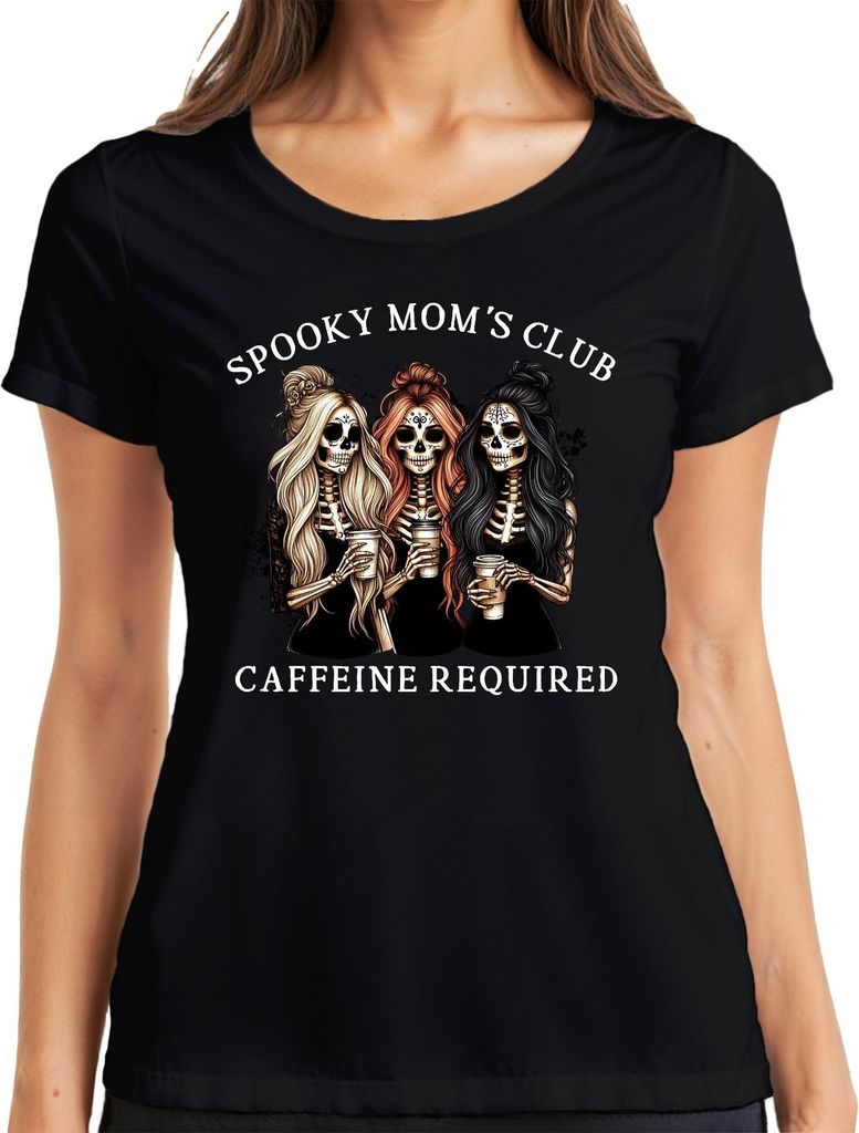 Spooky Moms Club Kaffee Mama Halloween Skelett Gothic Kaffeeliebe Damen T-Shirt, Schwarz, XXL