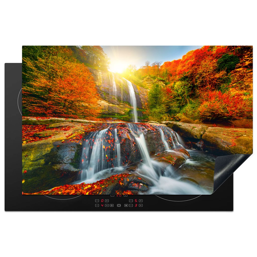 KitchenYeah Herdabdeckplatte Wasserfall - Natur - Herbst - Rot - Wasser , 81x52cm, Küche Deko, Glaskeramikkochfeld Herdabdeckung, Abdeckplatte f...