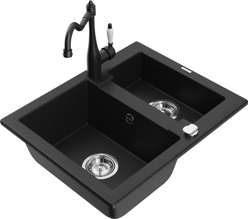 Mexen Carlos 1,5-Becken-Granitspüle mit Mischbatterie Carla, Schwarz - 6518-77-670700-70