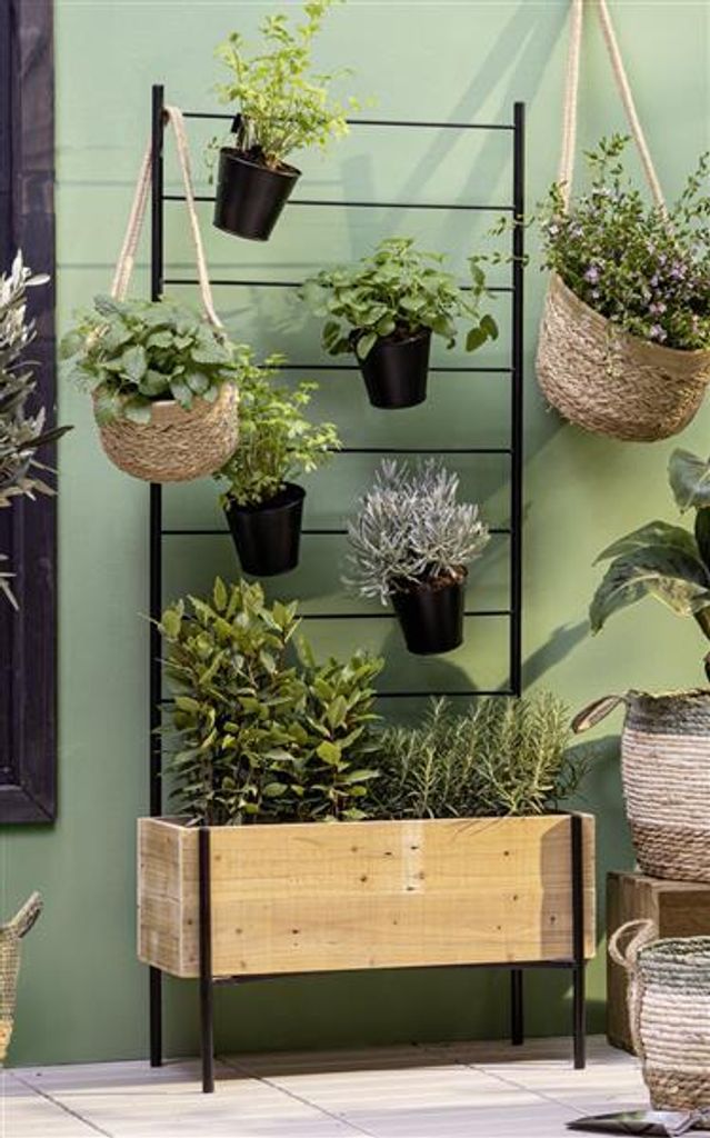 Pflanzkasten mit Rankgitter, Blumenkasten aus recyceltem Holz, Hochbeet mit Rankgerüst aus Metall + 4 Blumentöpfe