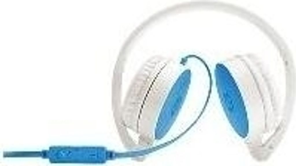 A pair of white and blue headphones on a white background.