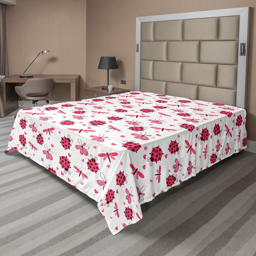 ABAKUHAUS Marienkäfer Bettlaken, Gewölbt Zurück Runde Marienkäfer Herzen Blumen Libellen Romantik Wings Pattern, weiches bequemes oberes Bettla...