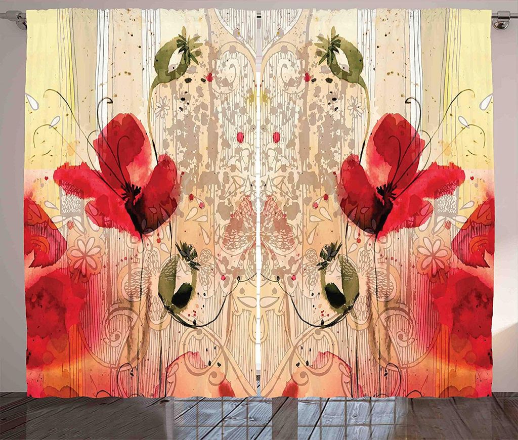 ABAKUHAUS Mohnblumen Rustikaler Gardine, Retro Blumenmuster, Schlafzimmer Kräuselband Vorhang mit Schlaufen und Haken, 280 x 175 cm, Mehrfarbig