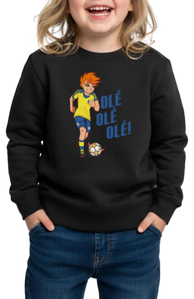 Spreadshirt Teufelskicker Olé Catrina Mit Fußball Kinder Premium Pullover, 122/128 (6 Jahre), Schwarz