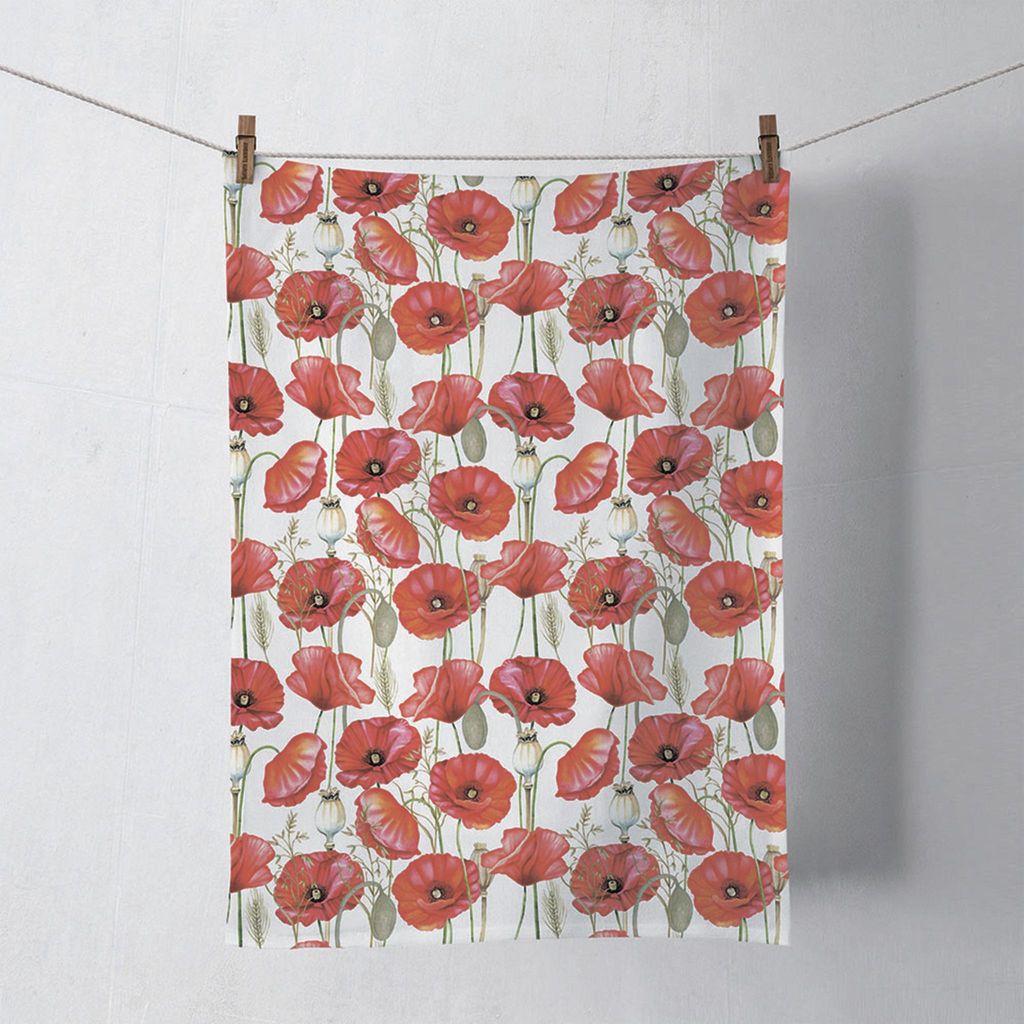 Küchentuch Baumwolle 50x70cm mit Mohn Blumen Motiv Weiß / Rot