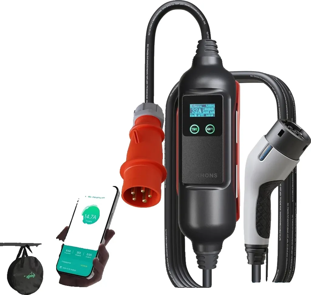 Khons EV Chargeur Portable 22kW 32A Triphasé Type 2 Câble 5m Noir