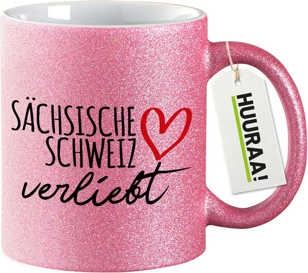 Huuraa Glitzertasse Sächsische Schweiz verliebt 330ml Pink Keramik Kaffeebecher Geschenkidee