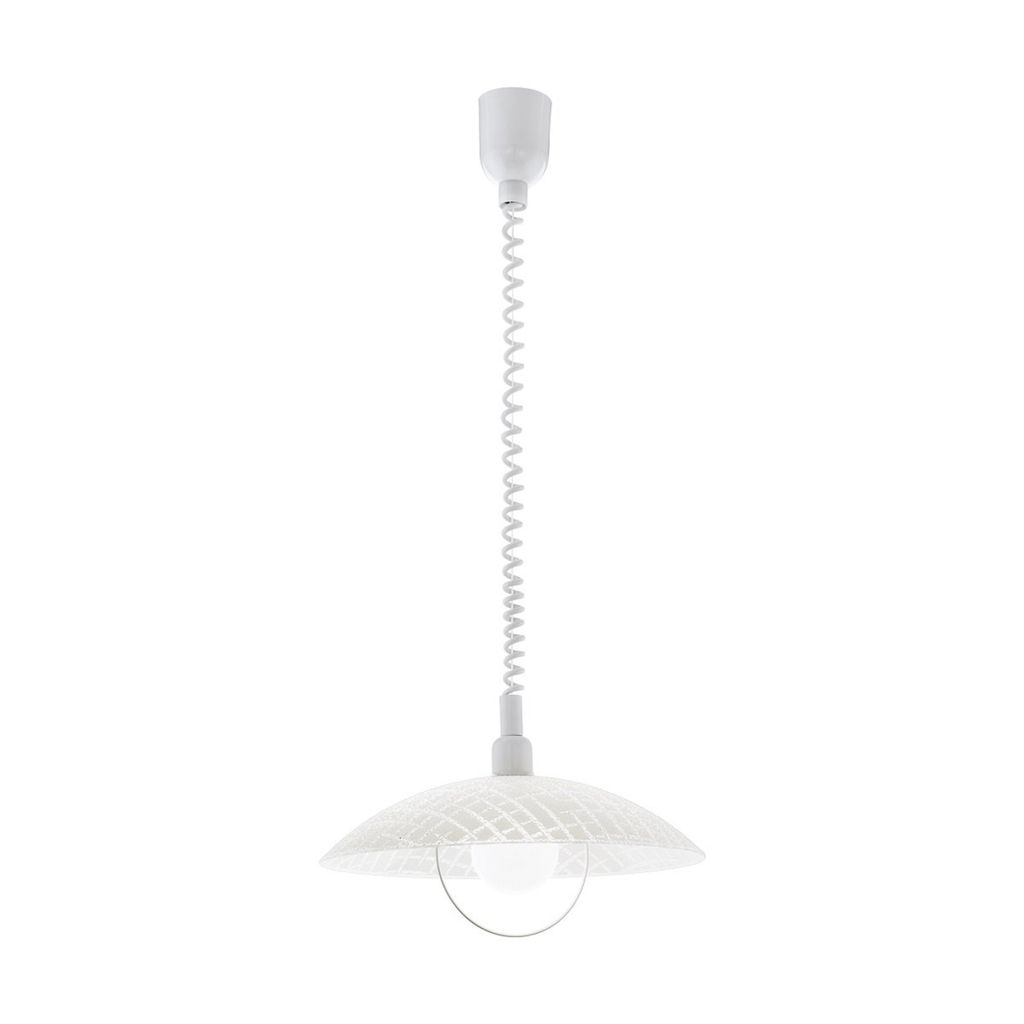 A white pendant light with a coiled cord.