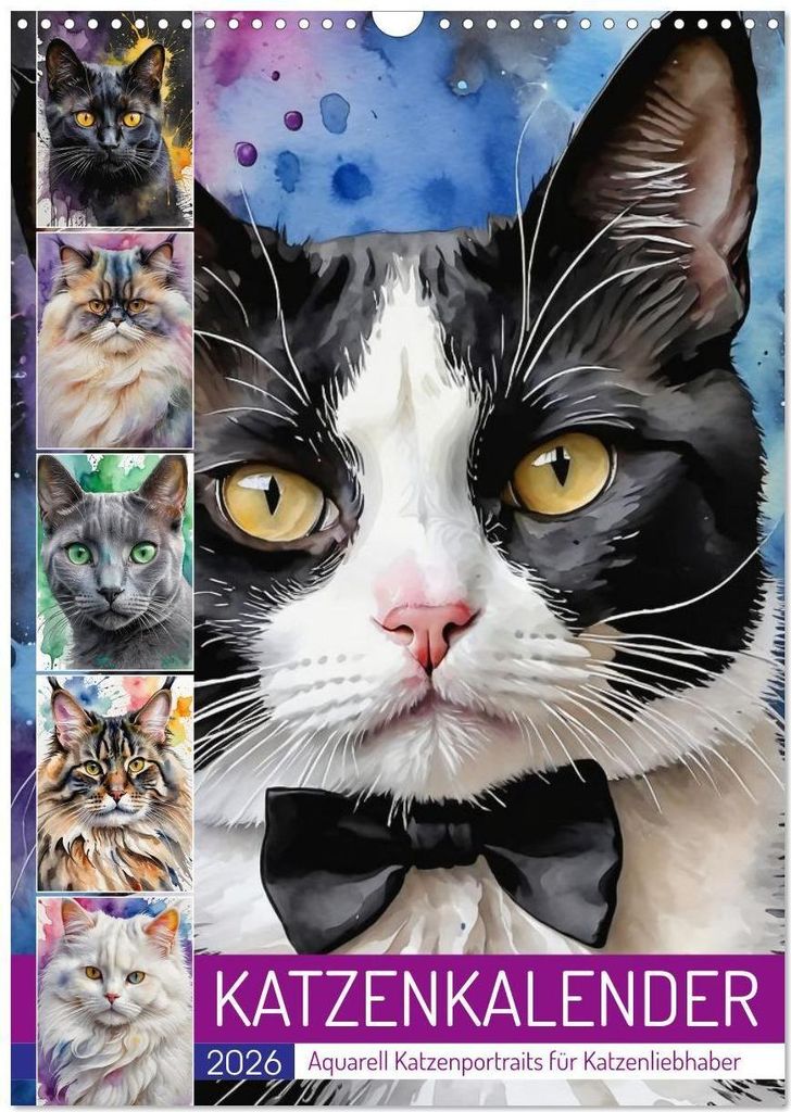 KATZENKALENDER - Aquarell Katzenportraits für Katzenliebhaber (Wandkalender 2026 DIN A3 hoch), CALVENDO Monatskalender