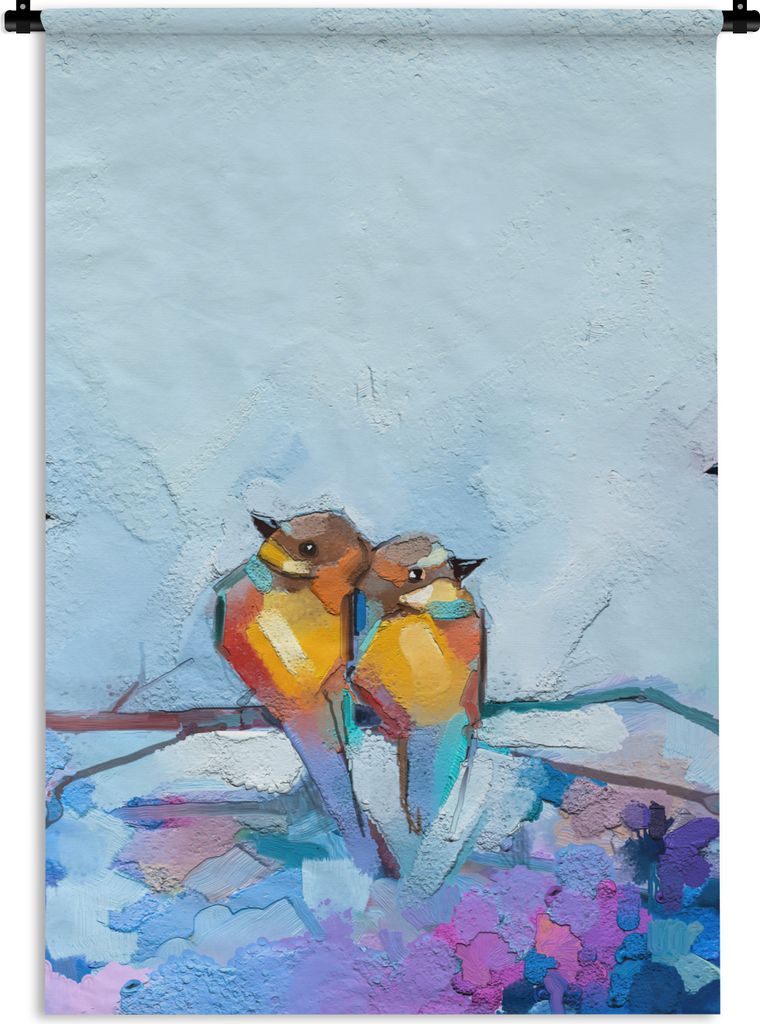 MuchoWow Wandteppich Wandbehang Gemälde - Ölfarbe - Vogel - Zweig 90x135 cm Tapisserie Dekoration Wandtuch - Baumwolle - Wandskulptur