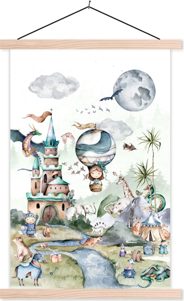 MuchoWow Textilposter Kinder - Heißluftballon - Drache - Jungen - Burg - Aquarell 40x60 cm mit holzfarbenen Rahmen - Poster