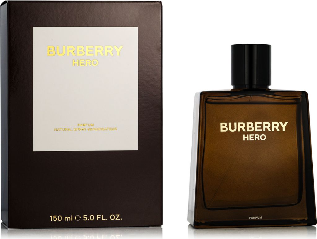 A product shot of Burberry Hero Parfüm for men and its packaging.