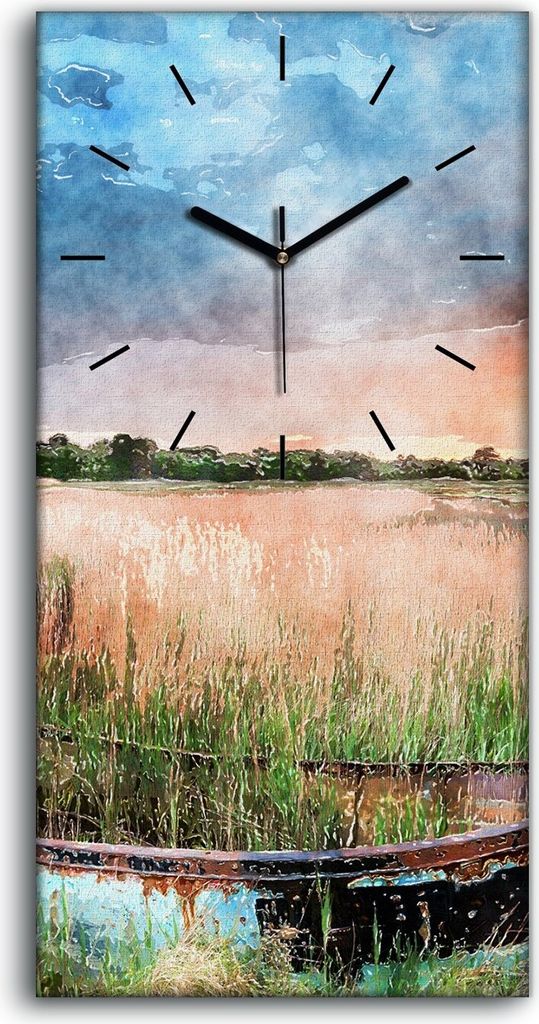 Wohnzimmer-Bild Leinwand Uhr Quarz 30x60 Fischerboot Bürsten Himmel Landschafts - schwarze Hände