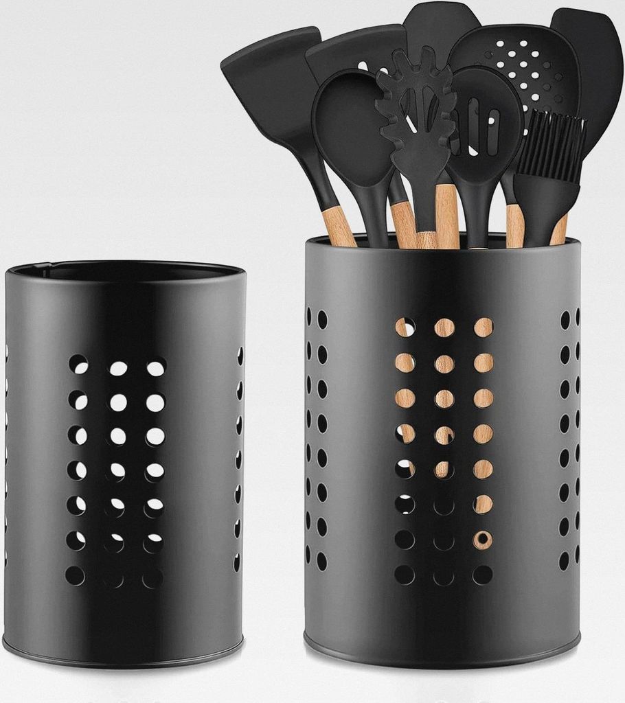 2 Stück Küchenutensilienhalter Schwarz Utensilienhalter Küche Edelstahl Behälter für Küchenutensilien Besteckabtropfkorb Küchentheke Runden ...
