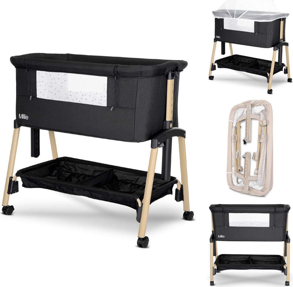 Lorelli Millie Beistellbett 2in1 Co-Sleeper – 7 Höhen, klappbare Mesh-Seite, Anti-Reflux, Rollen mit Bremse, Matratze+Netz
