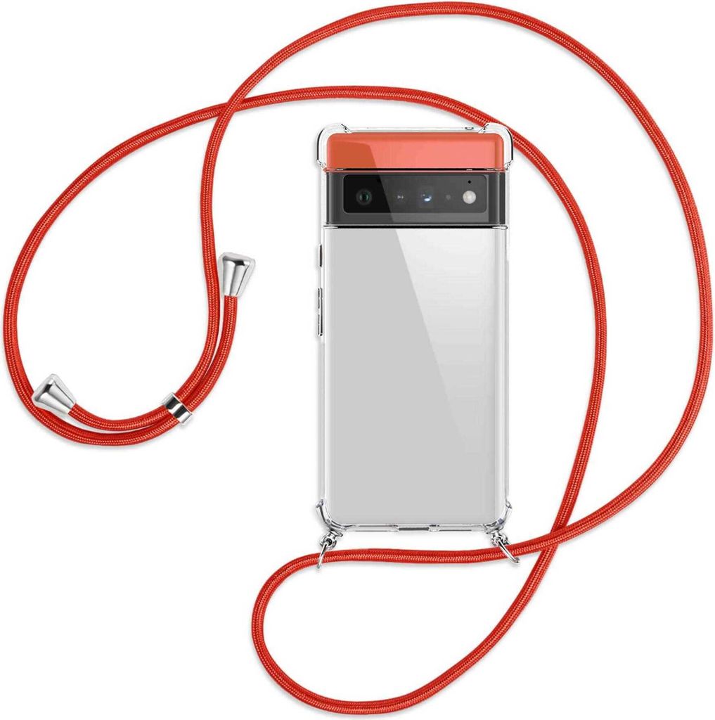 Handykette Backcover-Schutzhülle mit Band (Metall silberfarben) für Google Pixel 6 Pro - rot