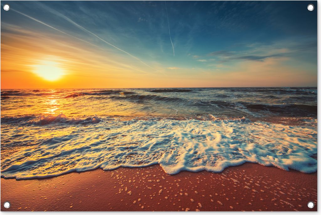 MuchoWow 90x60 cm Outdoor-Poster Gartendeko Sichtschutz Garten Poster für den Garten Strand - Meer - Sonnenuntergang - Gold