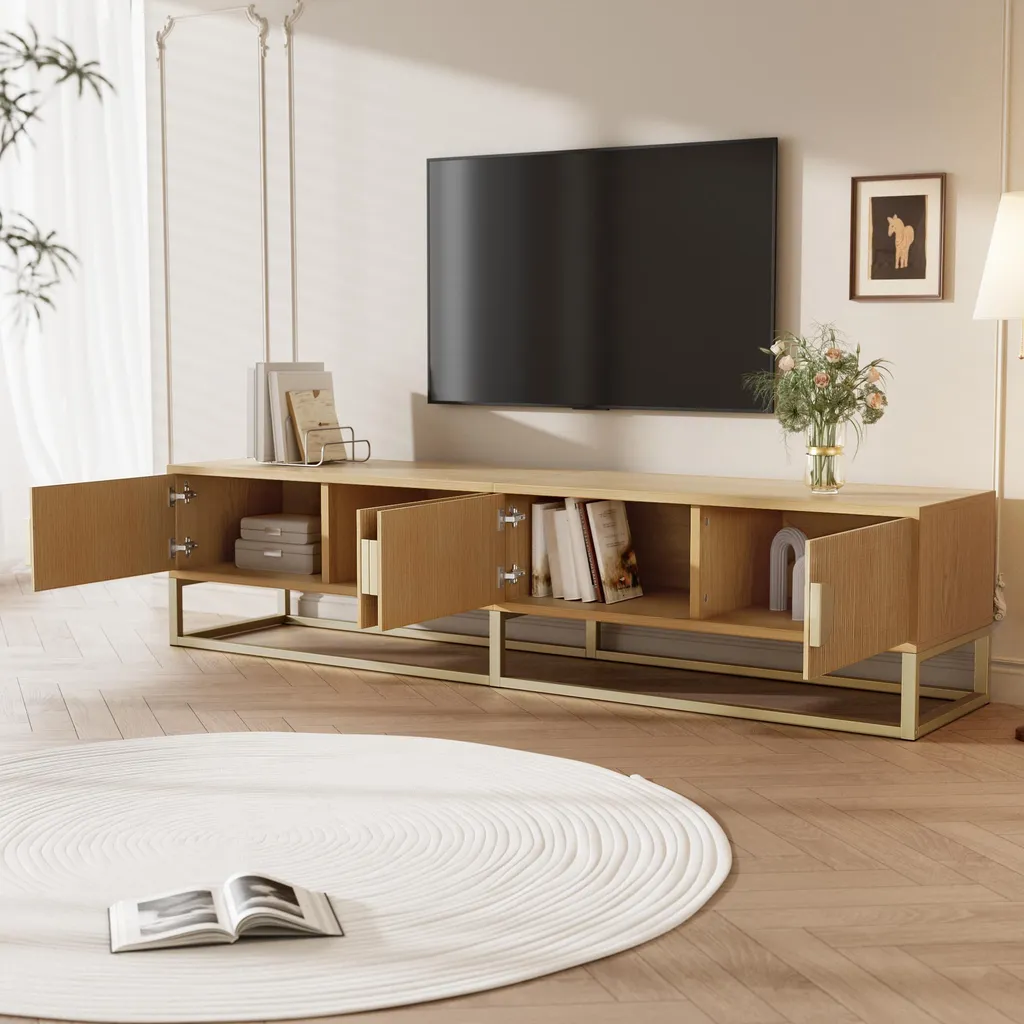 Banc TV Design en Bois Naturel 180cm, Buffet Multimédia avec Portes