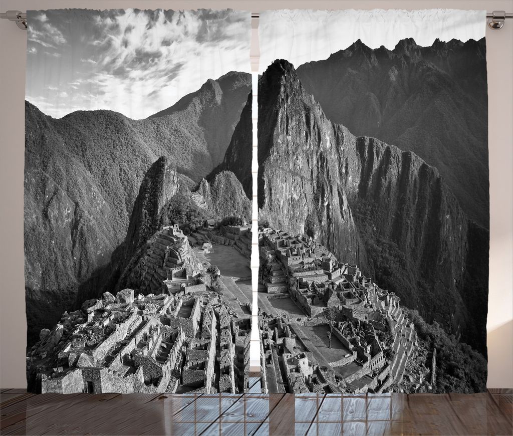 ABAKUHAUS Landschaft Rustikaler Vorhang, Ausblick Peru Dorf, Wohnzimmer Universalband Gardinen mit Schlaufen und Haken, 280 x 245 cm, Schwarz und w...