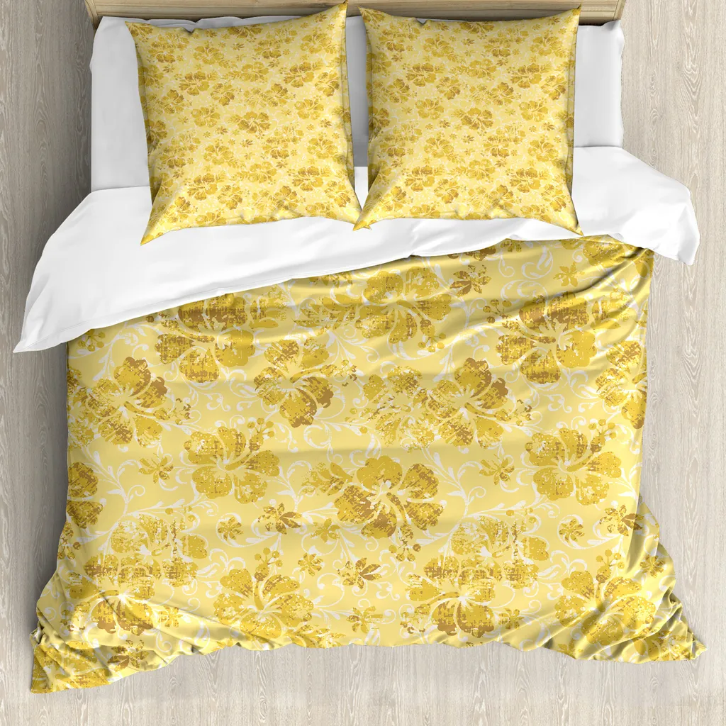 ABAKUHAUS Set copripiumino Hawaii per letti matrimoniali, fiori di ibisco esotici, antiacaro, adatto a chi soffre di allergie, con federe, oro