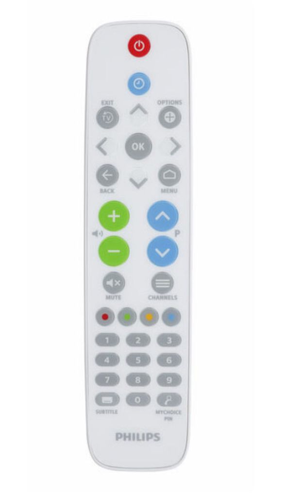 A white Philips remote control with various buttons.