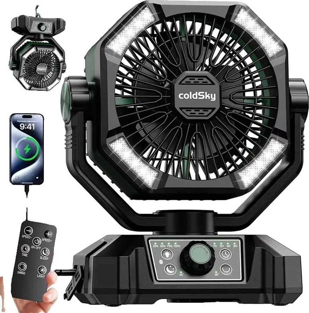 Ventilateur de Camping Anti-Chaleur 20000mAh Vert Silencieux 8 Vitesses