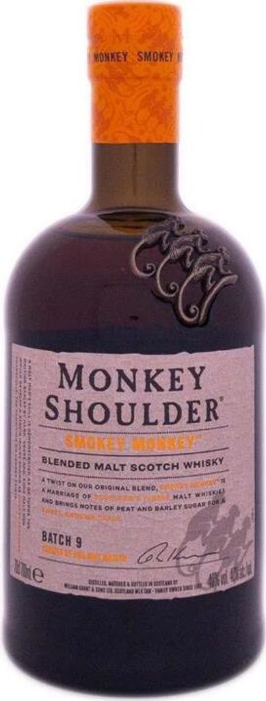 A bottle of Monkey Shoulder Smokey Monkey blended malt Scotch whisky.