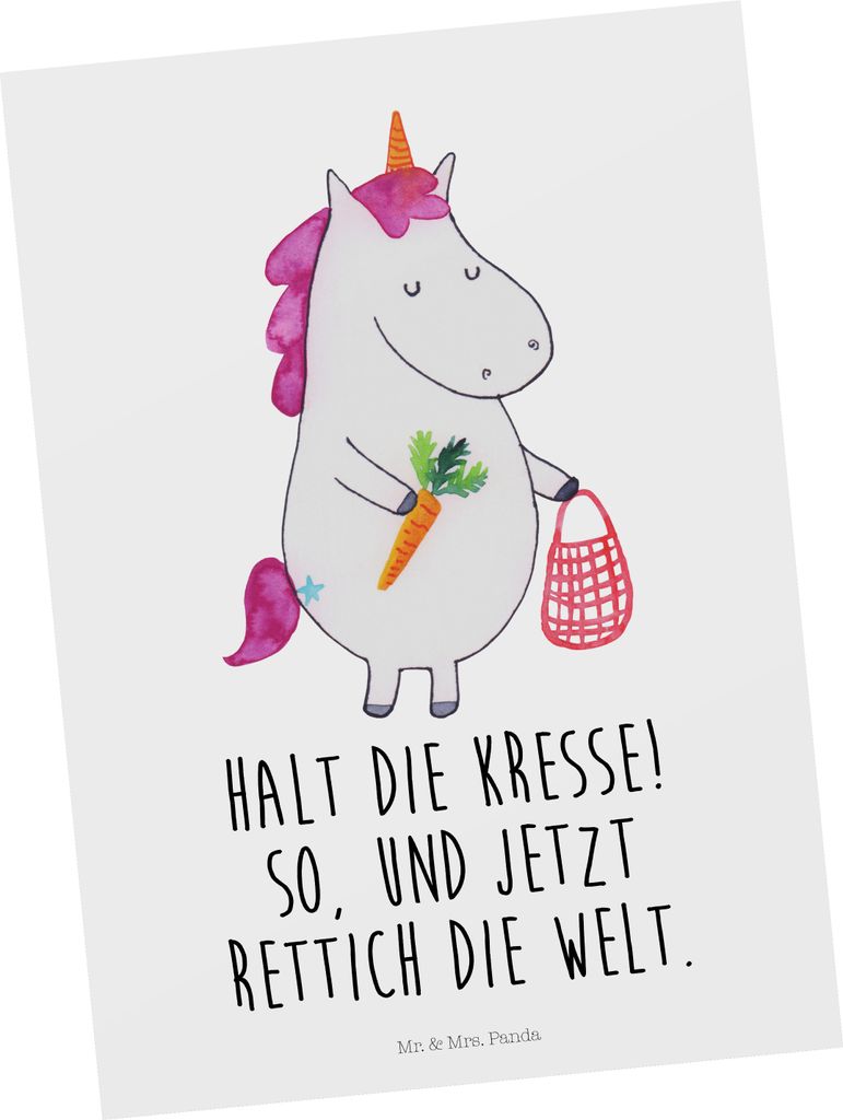 Mr. & Mrs. Panda Postkarte Einhorn Gemüse - Weiß - Geschenk, Ansichtskarten, Biomarkt, Einhörner, Postkarten, Grußkarte, Unicorn, Wochenmarkt, ...