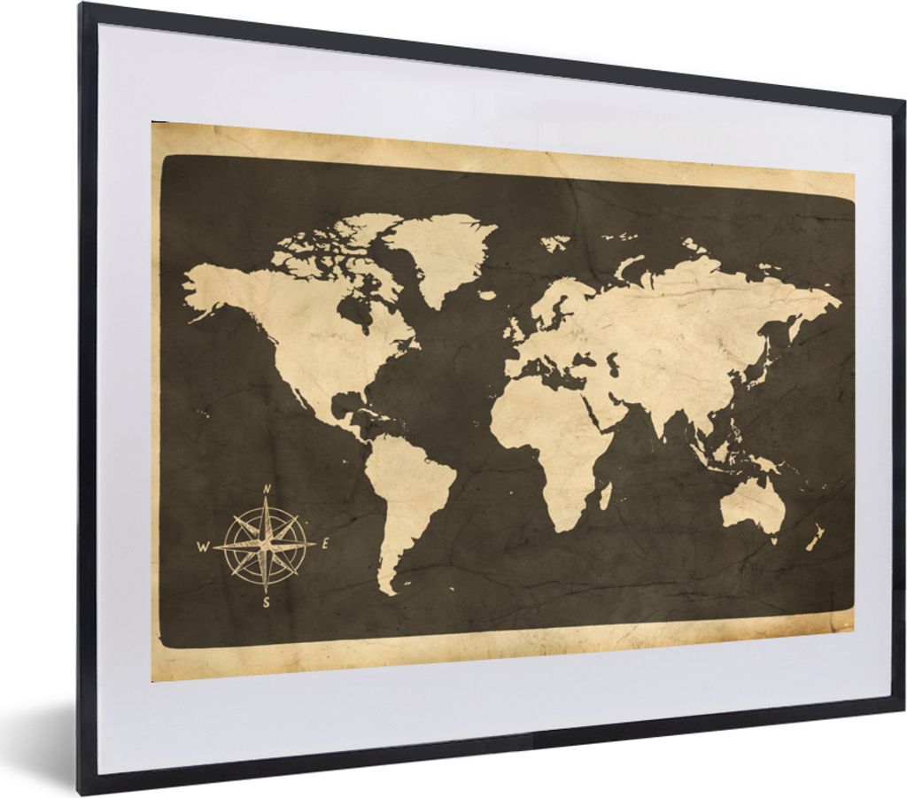 MuchoWow MuchoWow Gerahmtes Poster Weltkarte - Kompassrose - Vintage 60x40 cm - Poster mit zchwarzem Bilderrahmen - Schlafzimmer - Plakat in Ra...