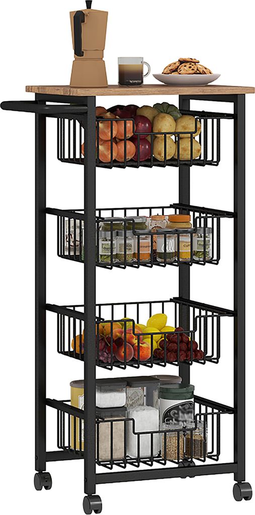 A kitchen cart filled with various items like fruits, vegetables, jars, and cookies, placed on a white background.