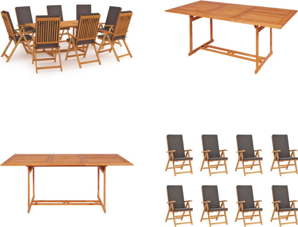 vidaXL 9 tlg. Garten Essgruppe mit Kissen Massivholz Teak Grau - Garten-Essgruppe - Garten-Essgruppen - Gartenmöbel-Set - Gartenmöbel-Sets