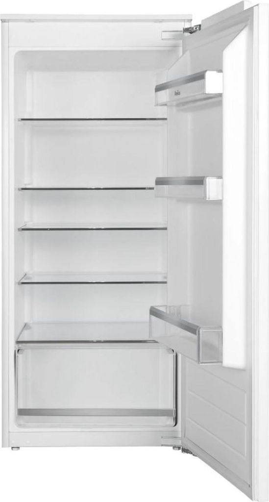 The interior of a white refrigerator with its door open.