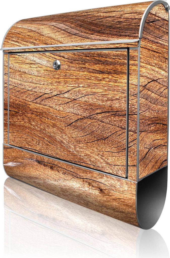 banjado Design Briefkasten Stahl silber mit Zeitungsfach pulverbeschichtet "Holz Struktur Fließend" 38x46x12,5cm & 2 Schlüssel - Postkasten A4 Ei...