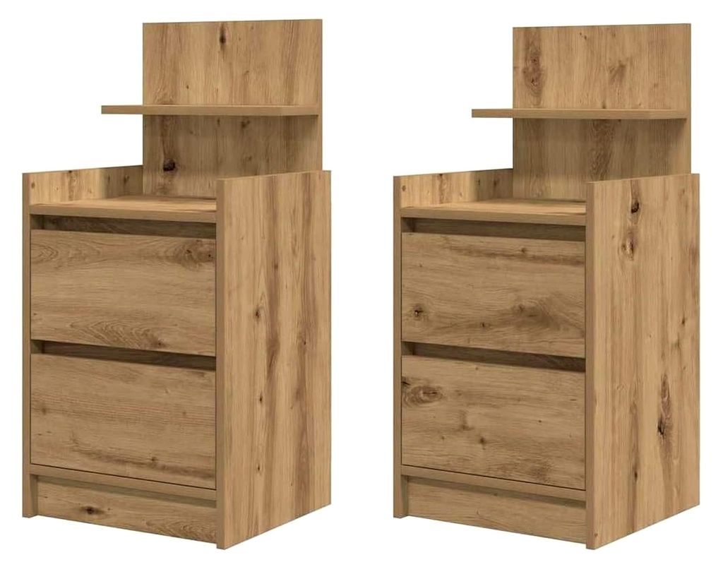 Nachttische mit 2 Schubladen, 2 Stück, Artisan-Eiche, 38x34x80 cm, Nachtschrank, Nachtkonsole, Schlafzimmermöbel