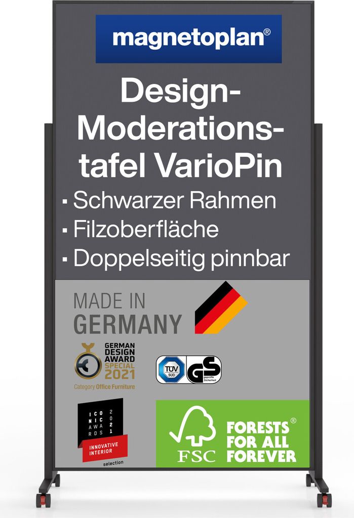 Magnetoplan Design-Moderationstafel Präsentationswand VarioPin - Zweiarmfuß mit 4 Rollen - 100x180cm (BxH) - Grau - Rahmen Schwarz - Filz