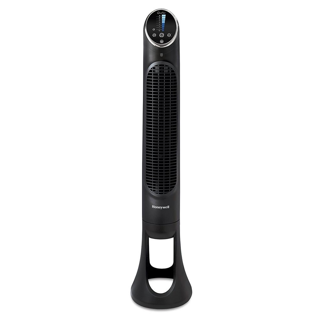 A black Honeywell tower fan is shown against a white background.