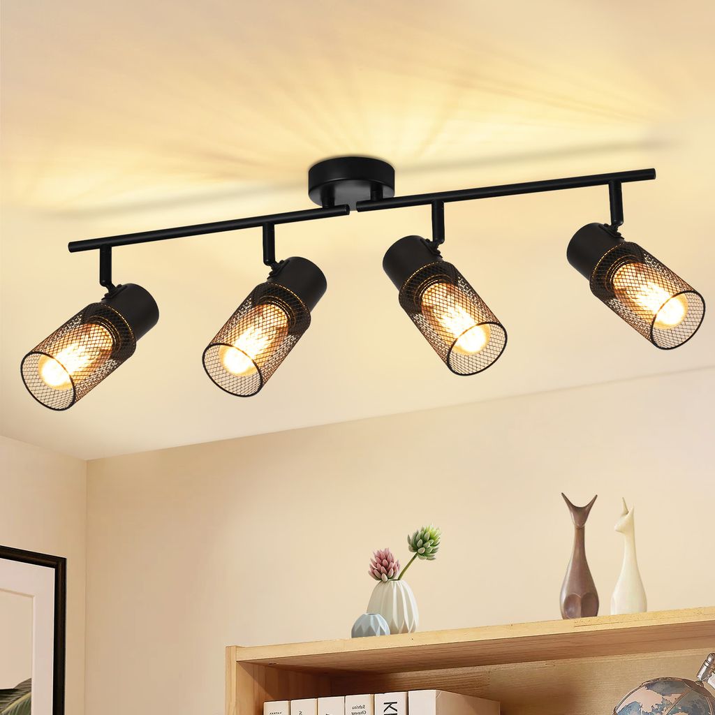 ZMH Deckenleuchte Schwarz Metall 4 Flammig Vintage E27 Deckenstrahler Deckenlampe Drehbar 330° Eckig Innen für Flur Wohnzimmer Schlafzimmer Küche