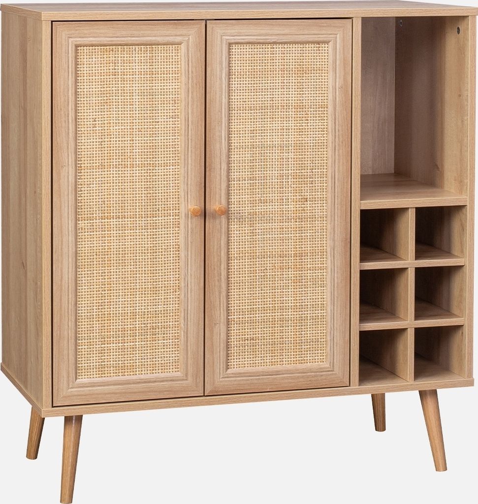 sweeek - Flaschenschrank mit Rattan-Geflecht und Holzdekor - Natur