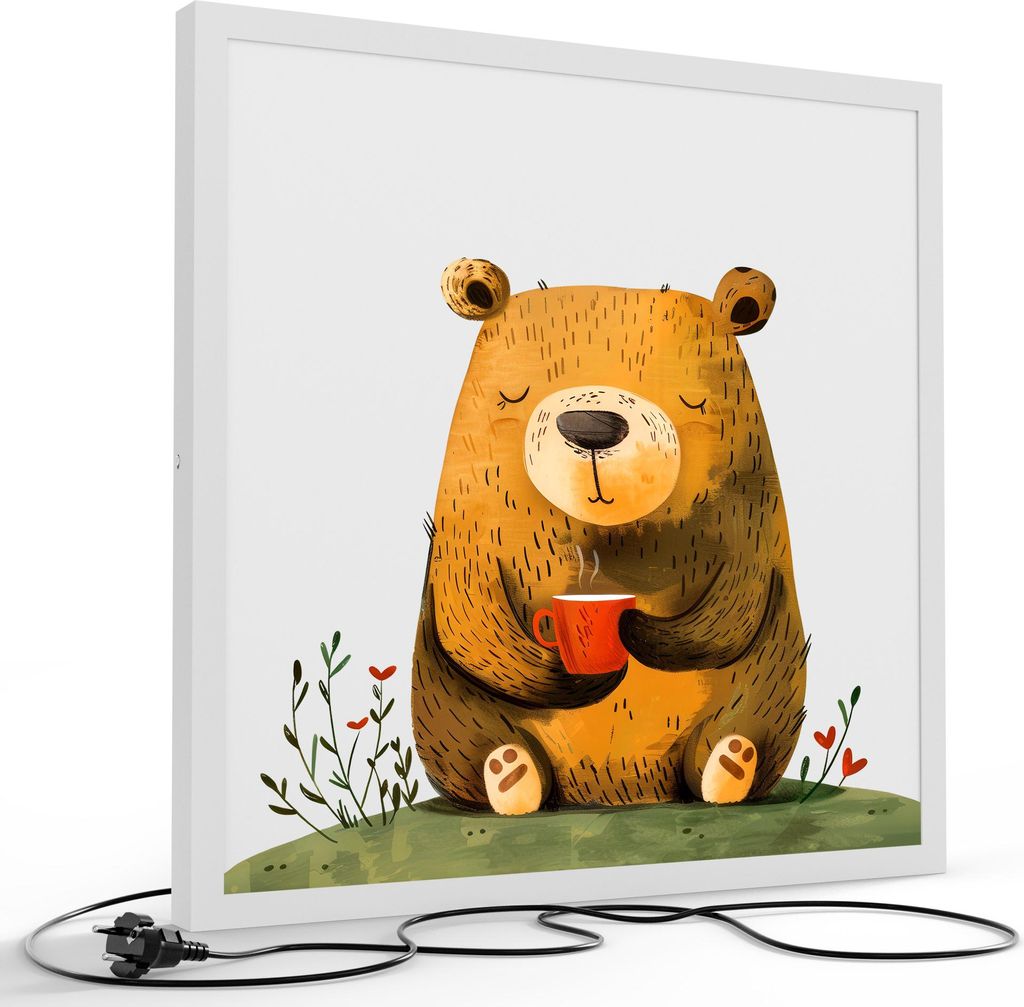 DEQORI LED-Bild & Lampe 60x60 cm Weiß 'Bärische Kaffeepause' Leuchtbild LED Leuchte