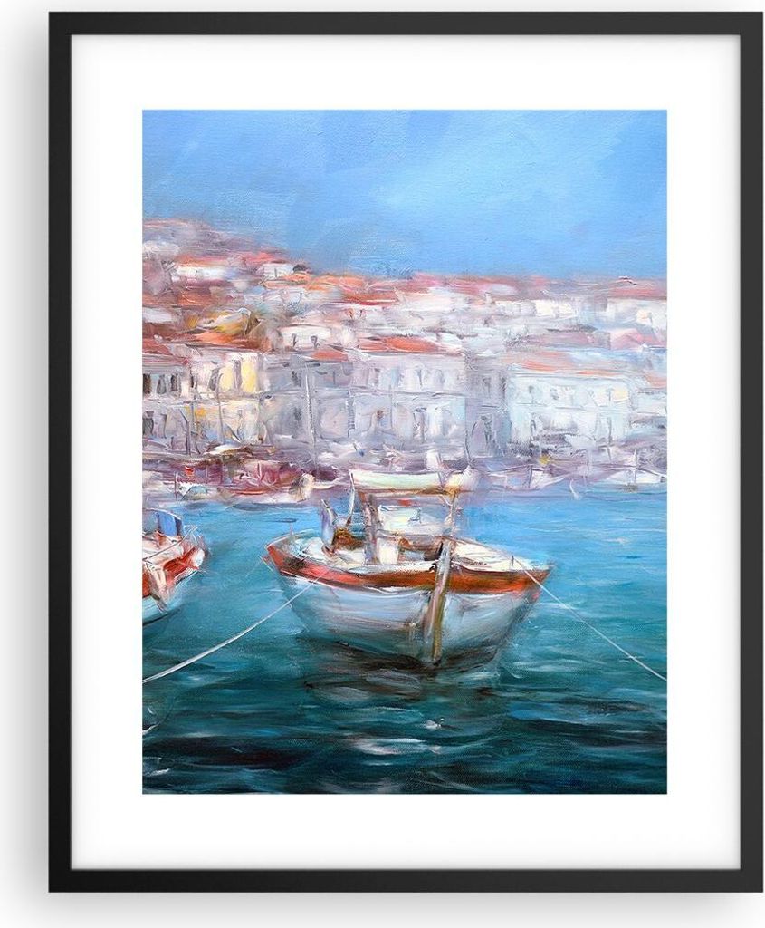 Gerahmtes Poster - Schwarzer Rahmen - Öl Boote Griechenland - 40x50 cm - Wand Bild - Wanddeko - Wandbilder - Kunstposter - Wandposter - Bilderrahm...