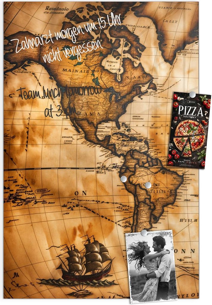 Magnettafel 60x90cm Pinnwand Whiteboard beschreibbar - Vintage Weltkarte Kompass