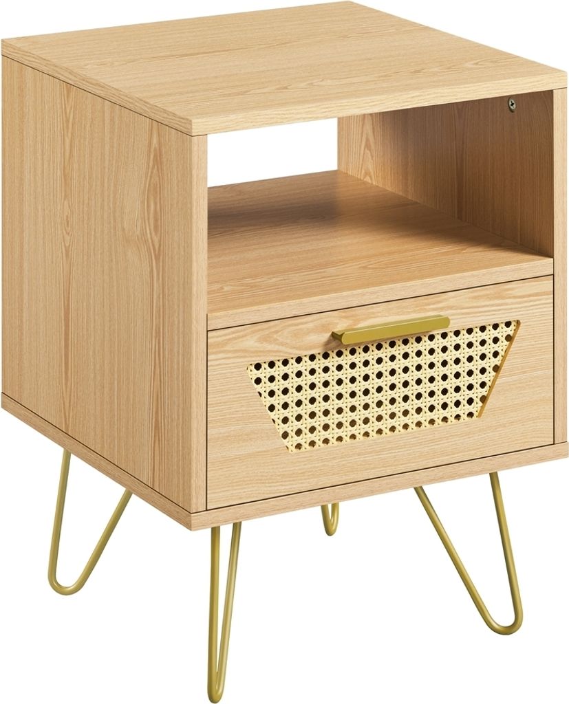 Yaheetech Nachttisch Rattan Beistelltisch mit 1 Schublade und 1 offenen Ablagefach Nachtkästchen Metallbeine Nachtkommode für Boxspringbett, Hell...